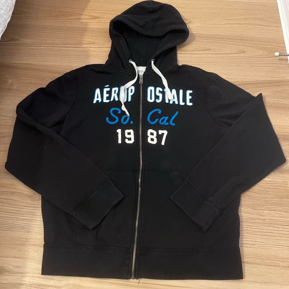Aeropostale Black Hoodie with Blue and White Accents